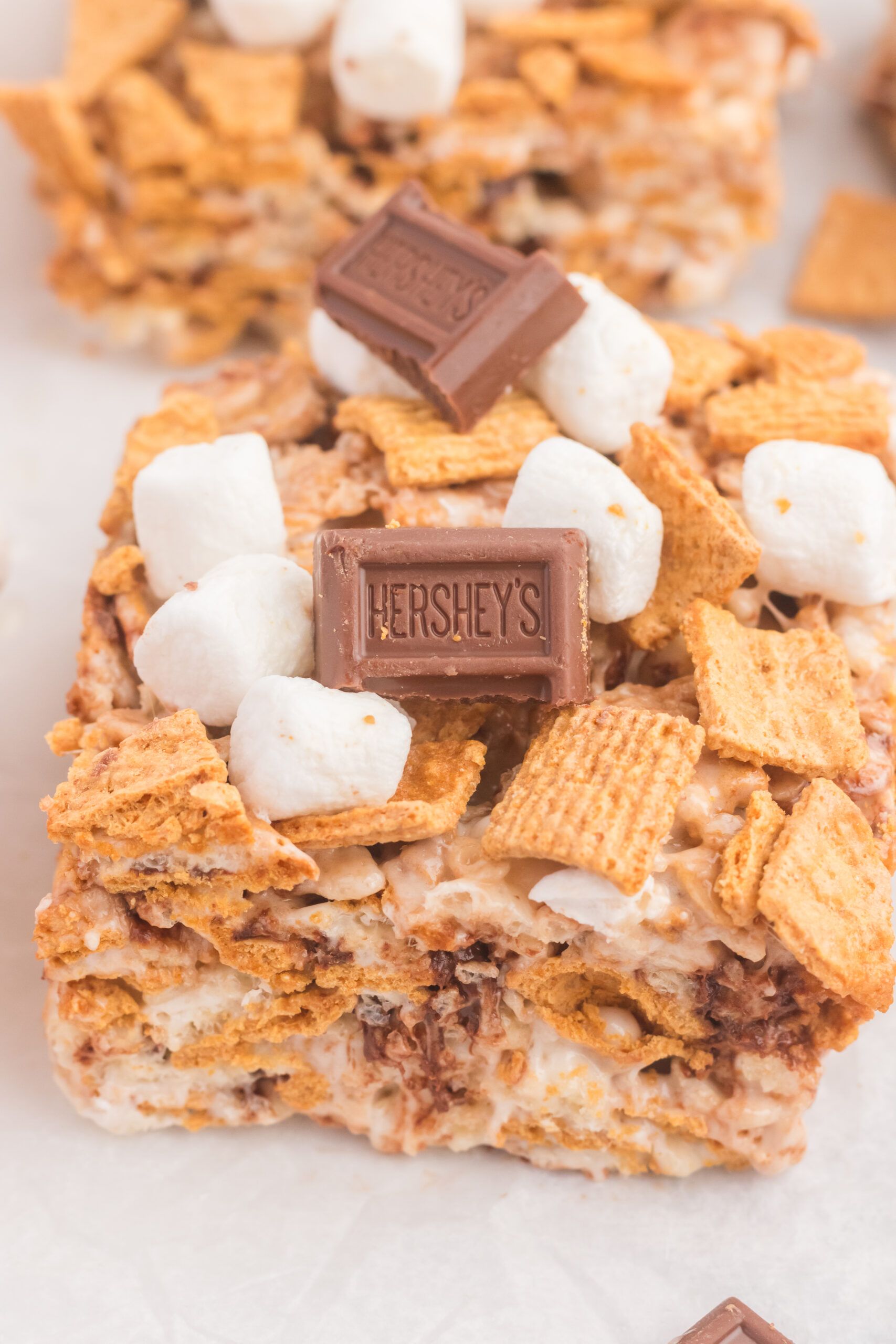 S’mores Rice Krispie Treats up close showing texture 