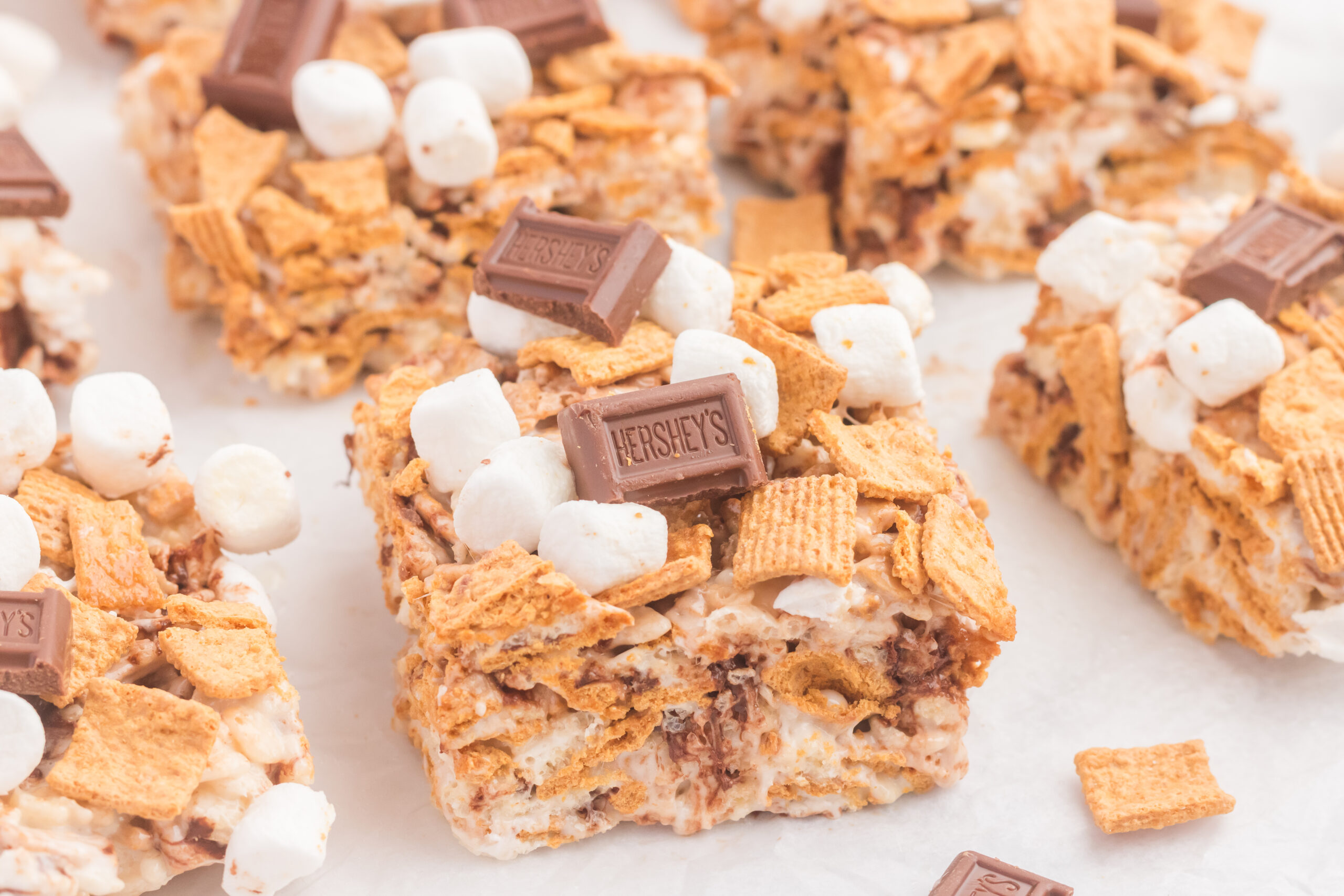 close up view of S’mores Rice Krispie Treats on counter