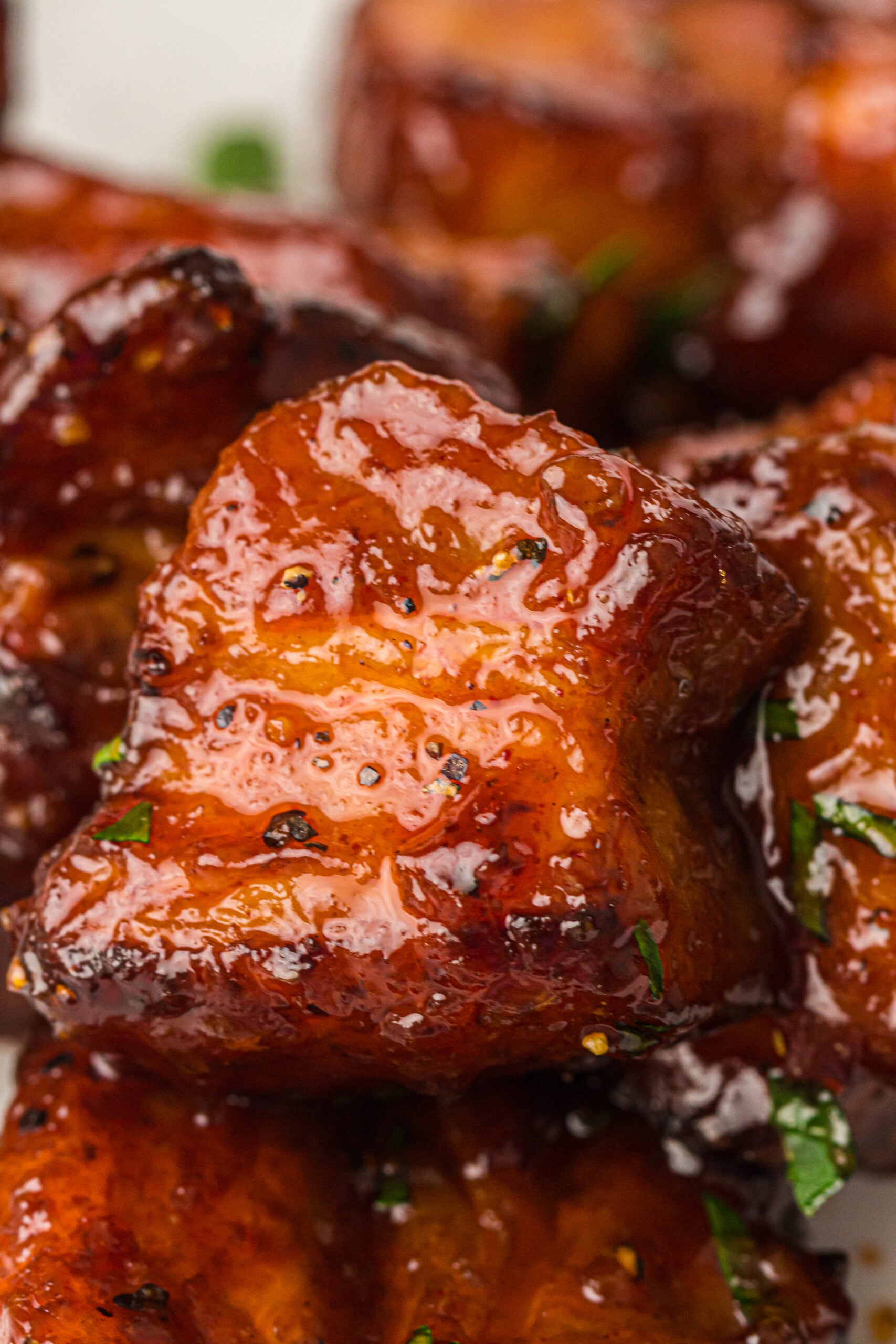 close up of Smoked Pork Belly Burnt Ends
