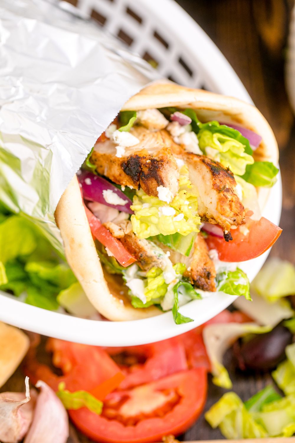 close up of Chicken Gyro in a pita bread