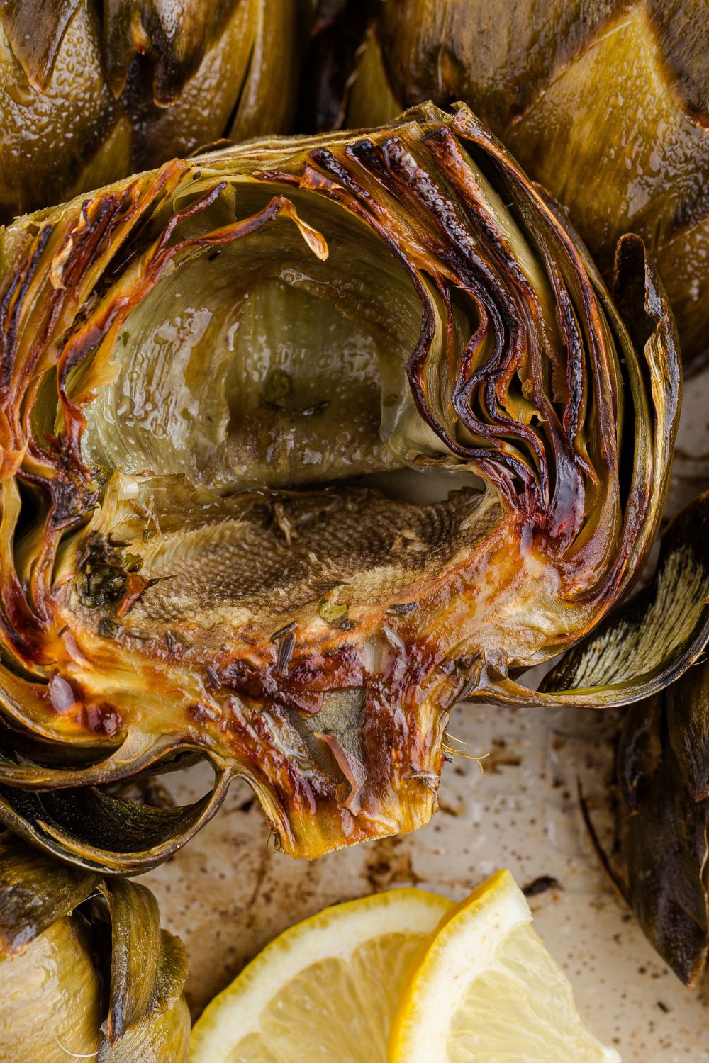 inside view of artichoke that has been baked in the oven
