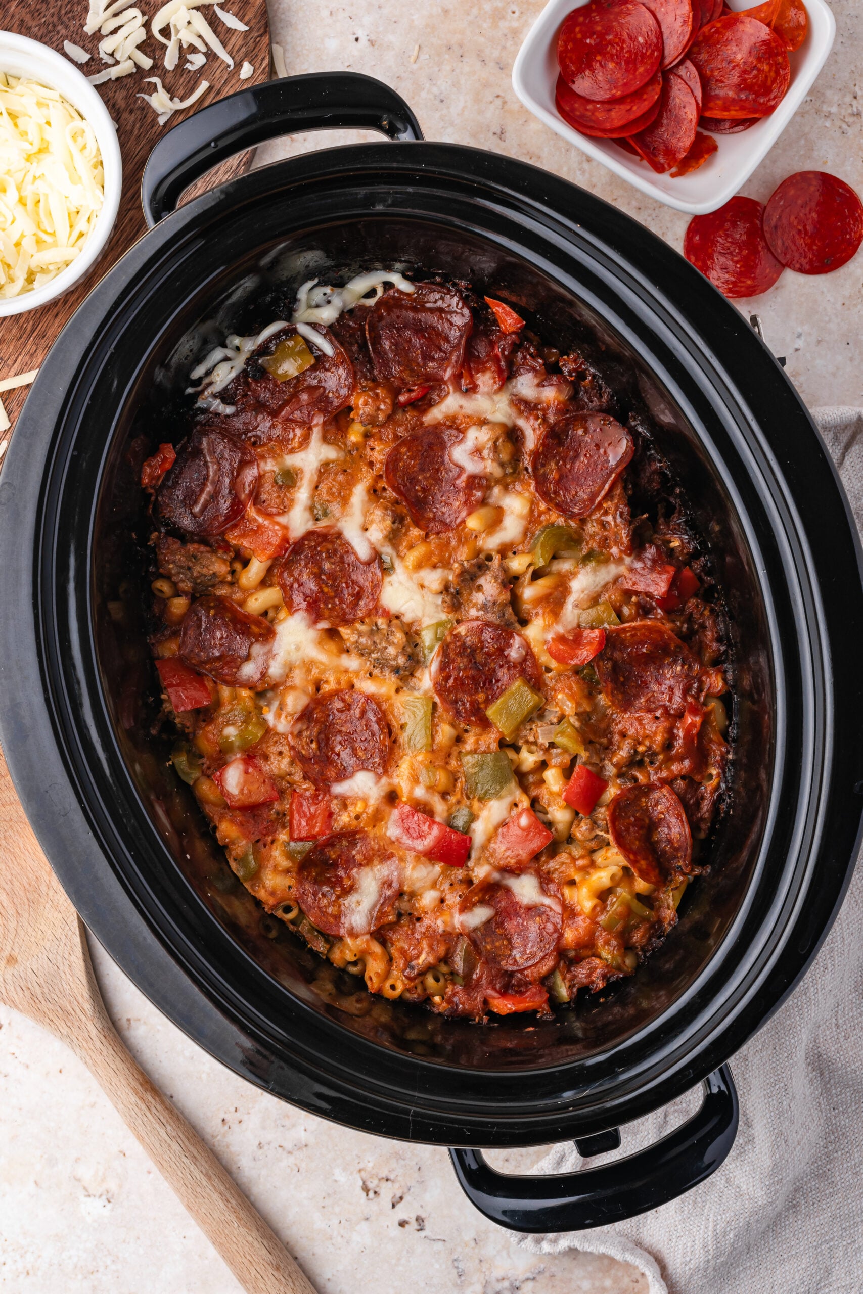 overhead shot of the Slow Cooker Pizza Casserole