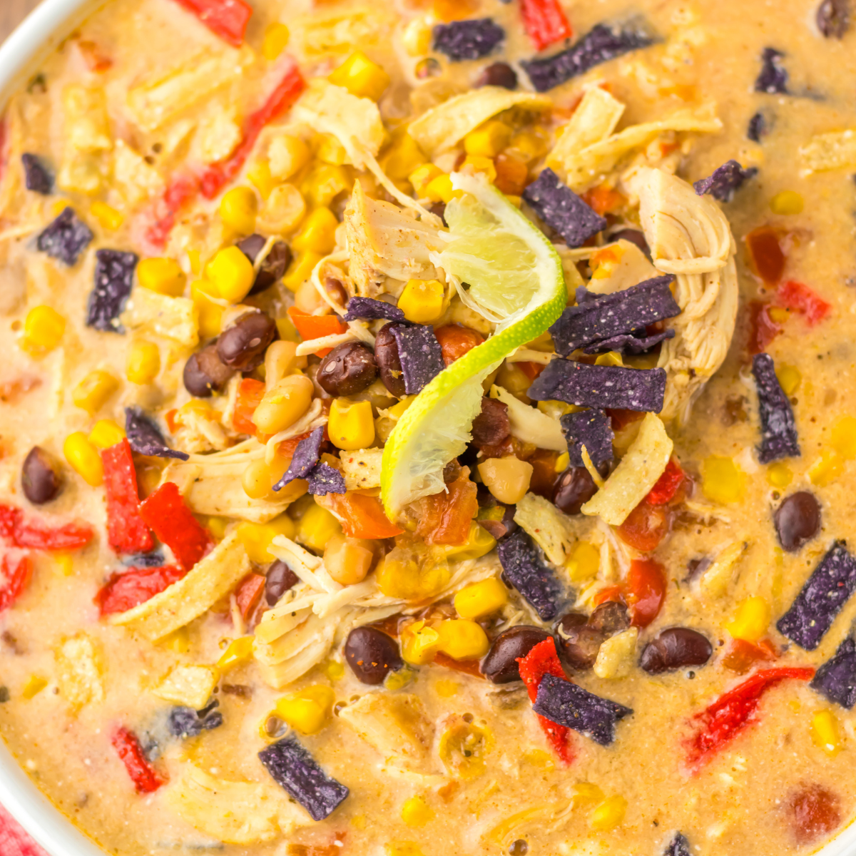 Close up view of some corn, bean, and tortilla chip toppings on tortilla soup. 