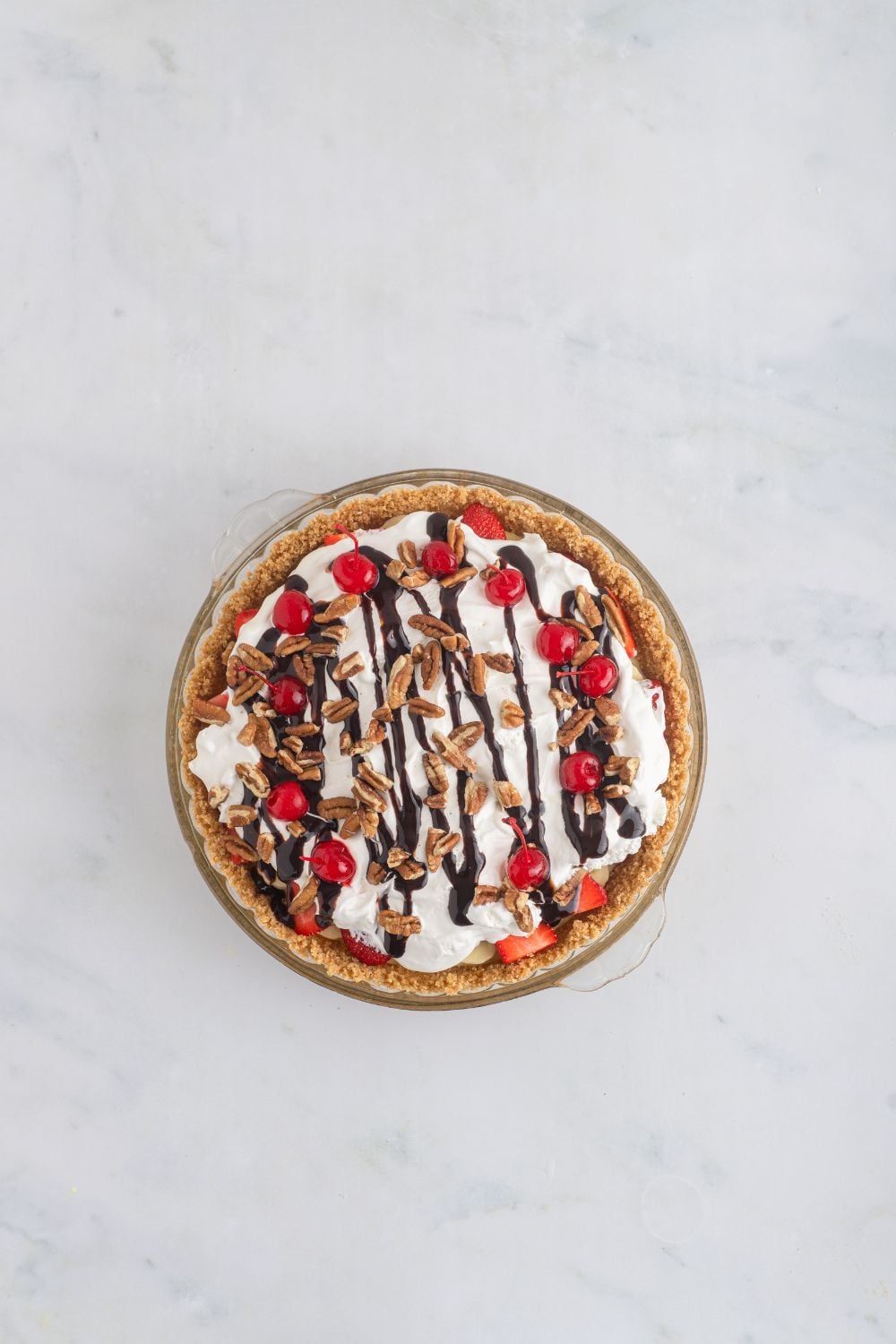 No Bake Banana Split Pie sitting on table