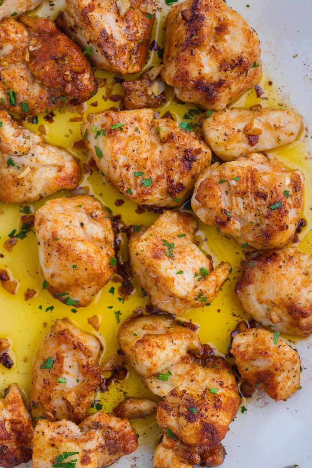skillet with buttery garlic chicken bites