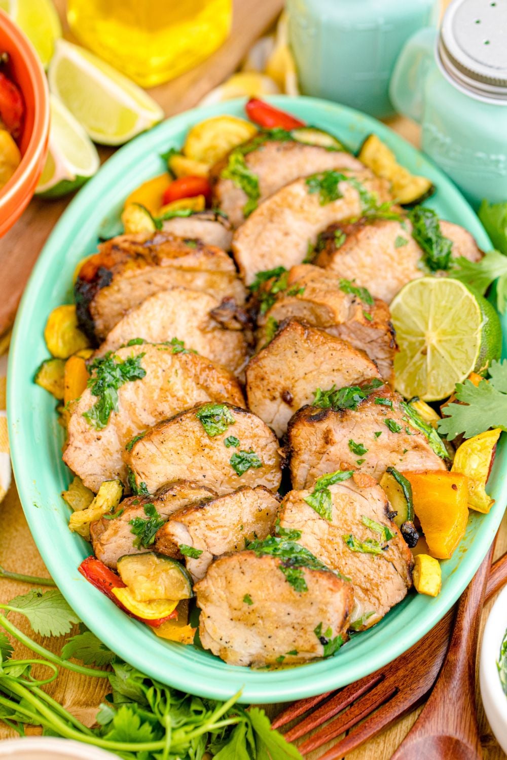 sweet and savory Grilled Pork Tenderloin on platter 