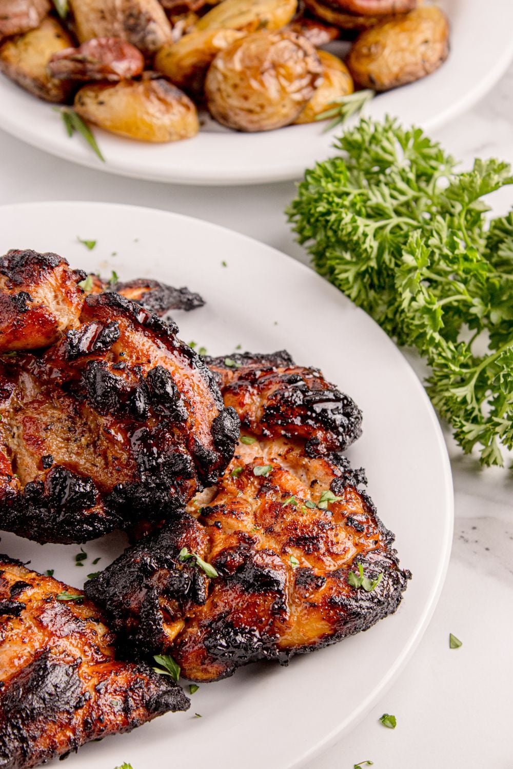 Grilled Chicken Thighs on plate with parsley on side of plate 