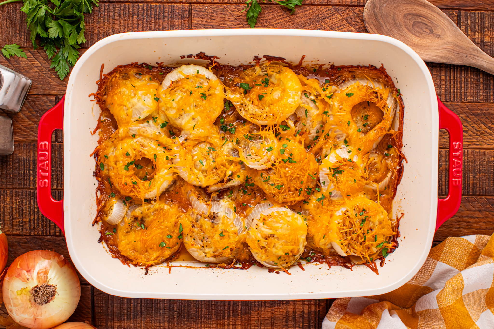 Cheesy Tennessee Onions overhead shot smothered in cheese