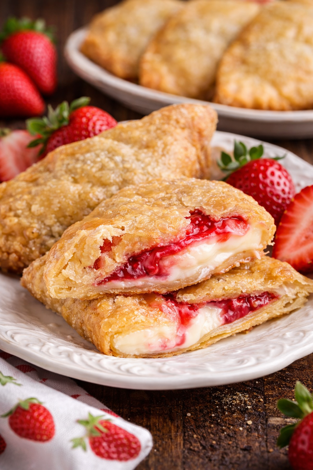 Deep Fried Strawberry Cheesecake Pies on a white dish with one cut open so you can see the inside