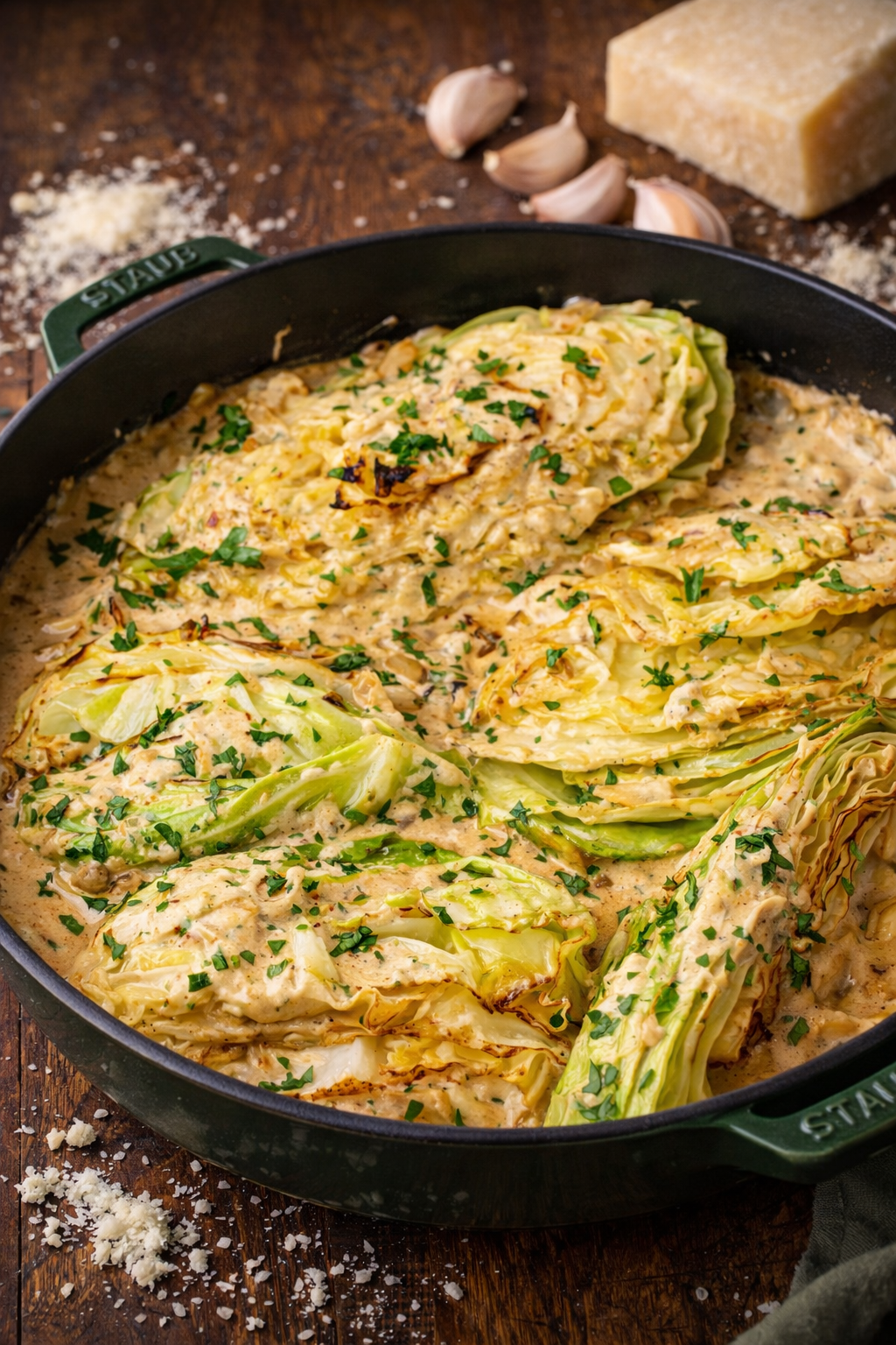 Creamy Garlic Parmesan Cabbage in a green staub skillet