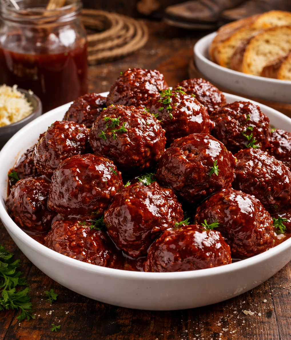 Crockpot Homemade BBQ Meatballs in a white bowl