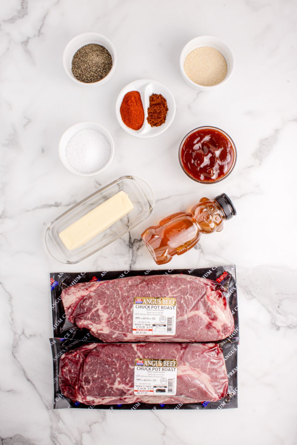 Chuck Roast Burnt Ends ingredients placed nicely on table to show each ingredient in this recipe