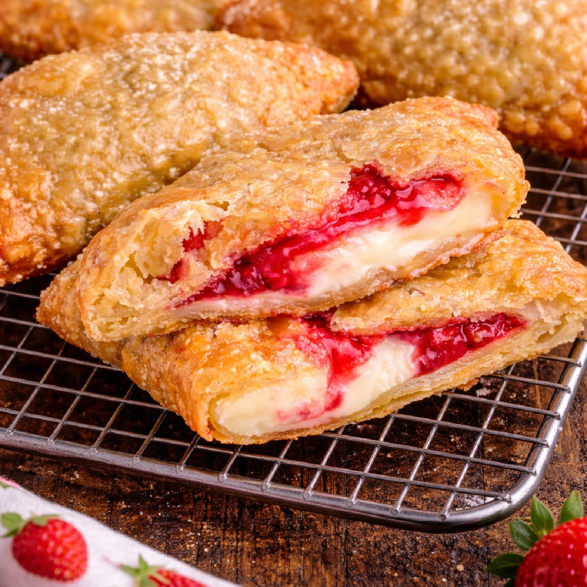 Deep Fried Strawberry Cheesecake Pies on wire cooling rack with one cut open so you can see the inside