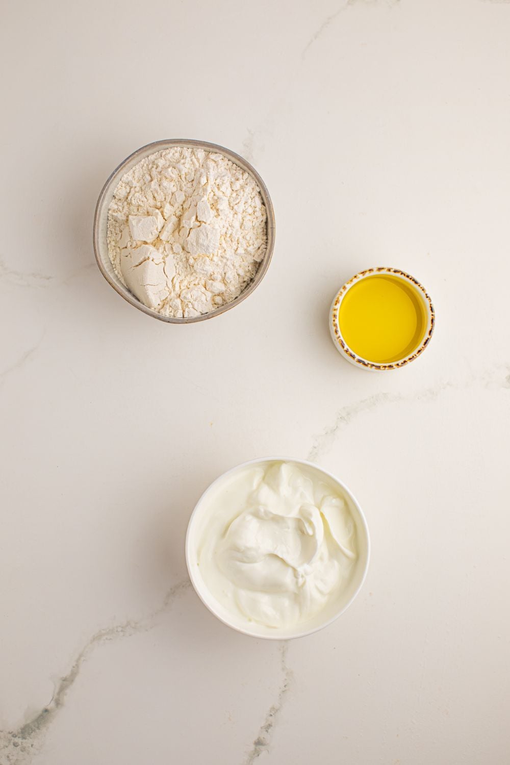 ingredients for 3 Ingredient Flatbread in single serve bowls on table