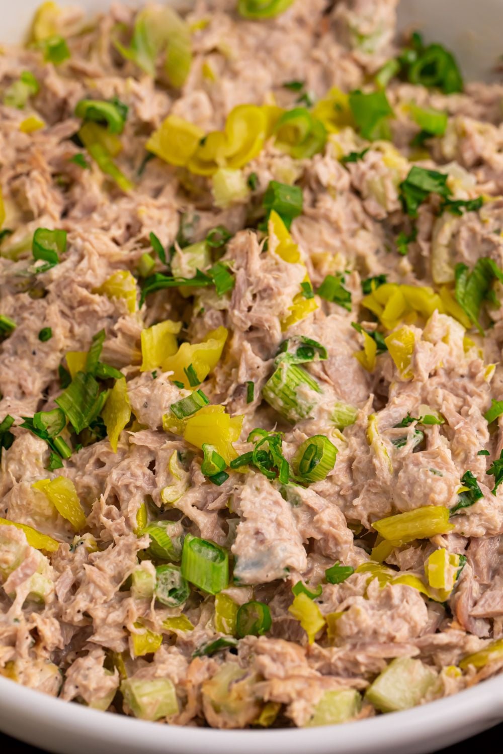 close up of Pepperoncini Ranch Tuna Salad in a bowl 