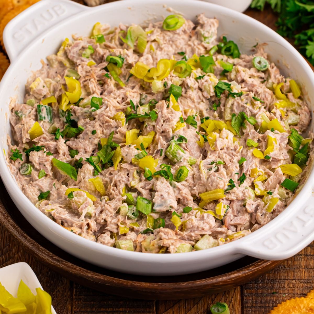 Pepperoncini Ranch Tuna Salad in a white bowl on table 