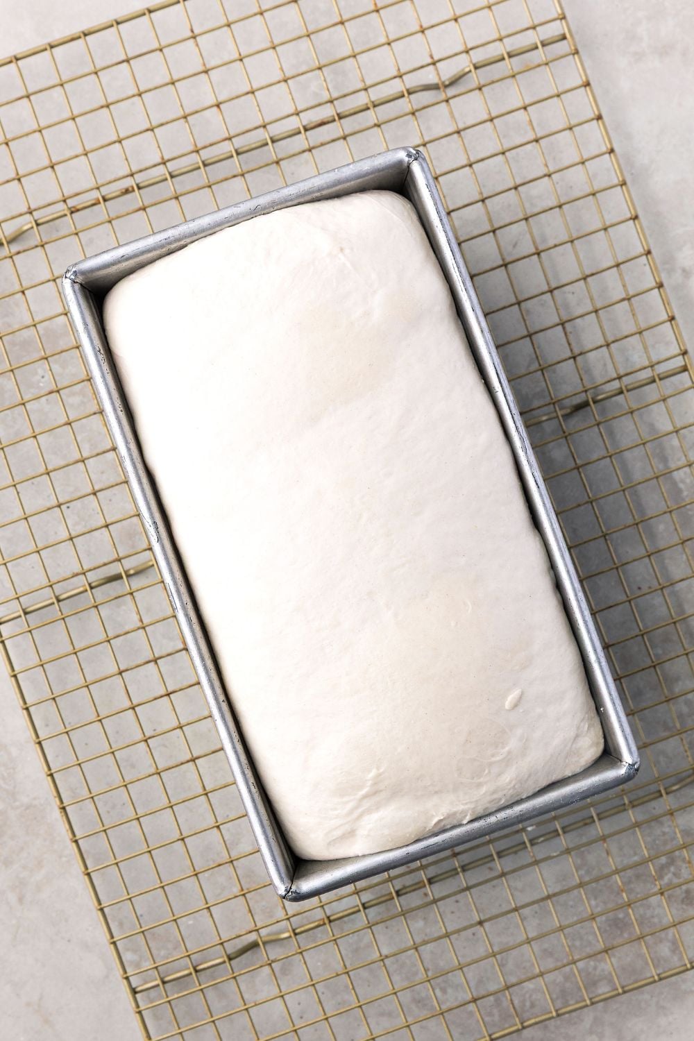 Homemade Sourdough Bread dough in a loaf pan on table 