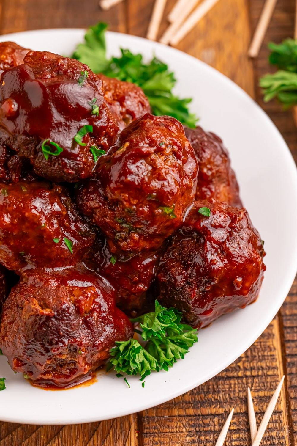 overhead look to table with a plate full of homemade meatballs on it