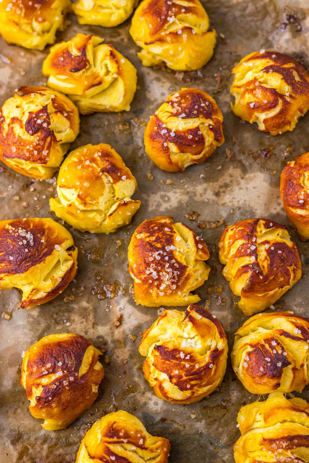 overhead look of pretzel bites on a baking sheet