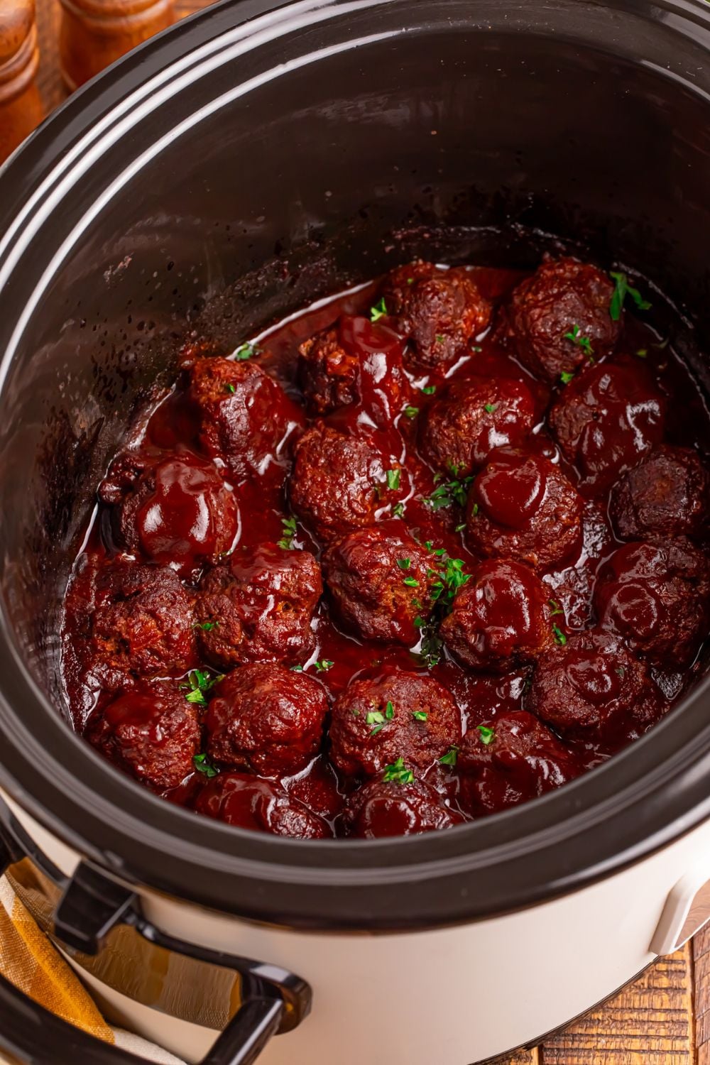 overhead look of Crockpot Homemade BBQ Meatballs on table