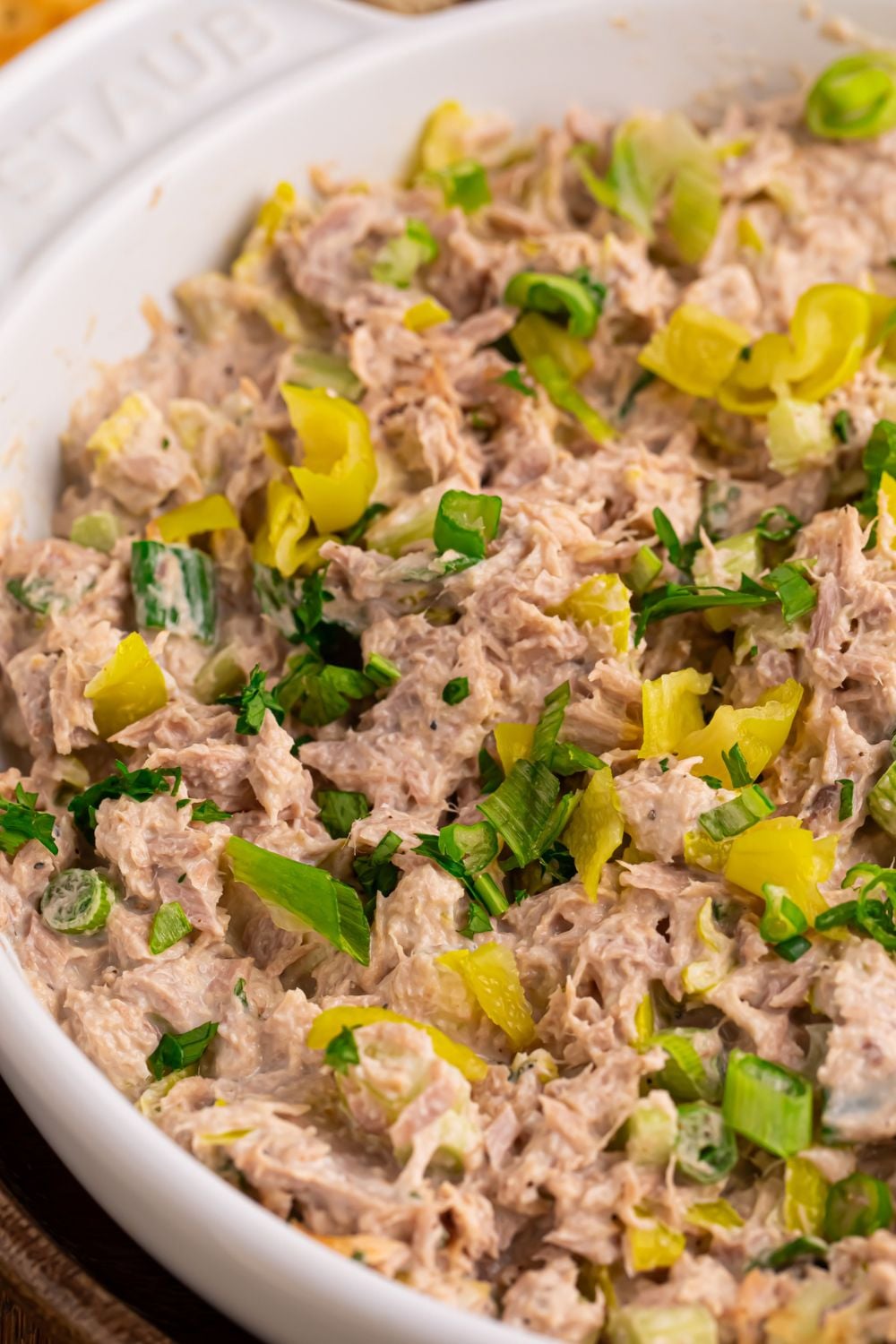 Pepperoncini Ranch Tuna Salad in a white bowl on table 