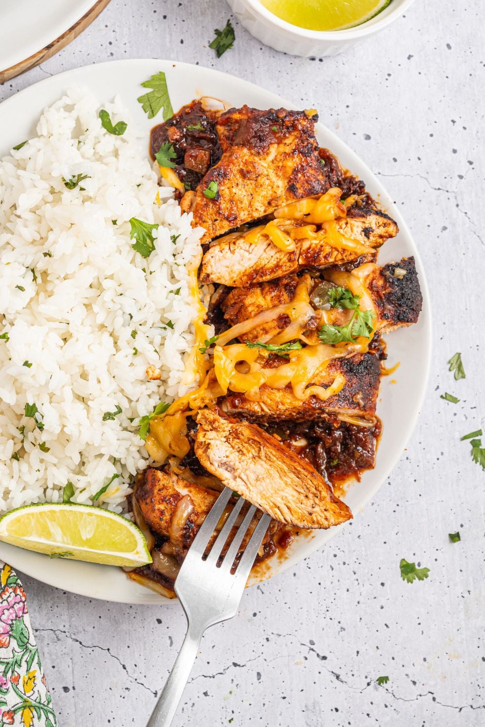 Cheesy Salsa Chicken cut into pieces with a bed of rice to side 