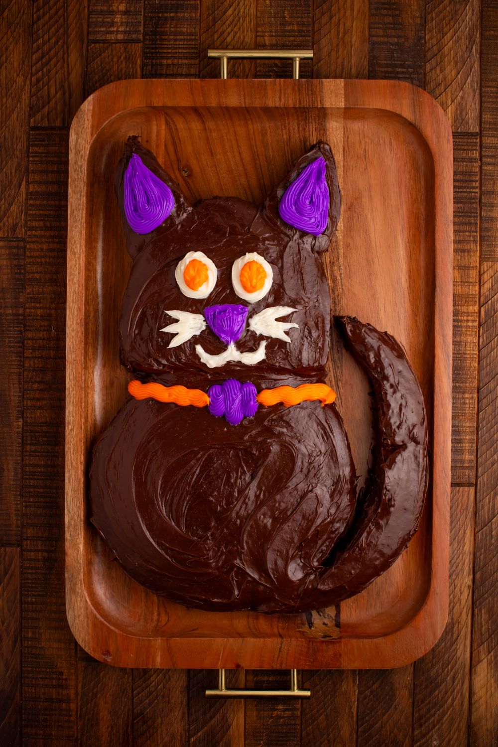 Easy Halloween Black Cat Cut Out Cake on tray on table 