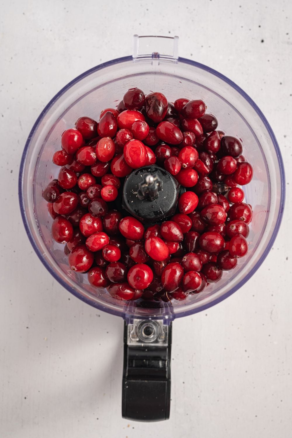 food processor with washed cranberries in it sitting on white table