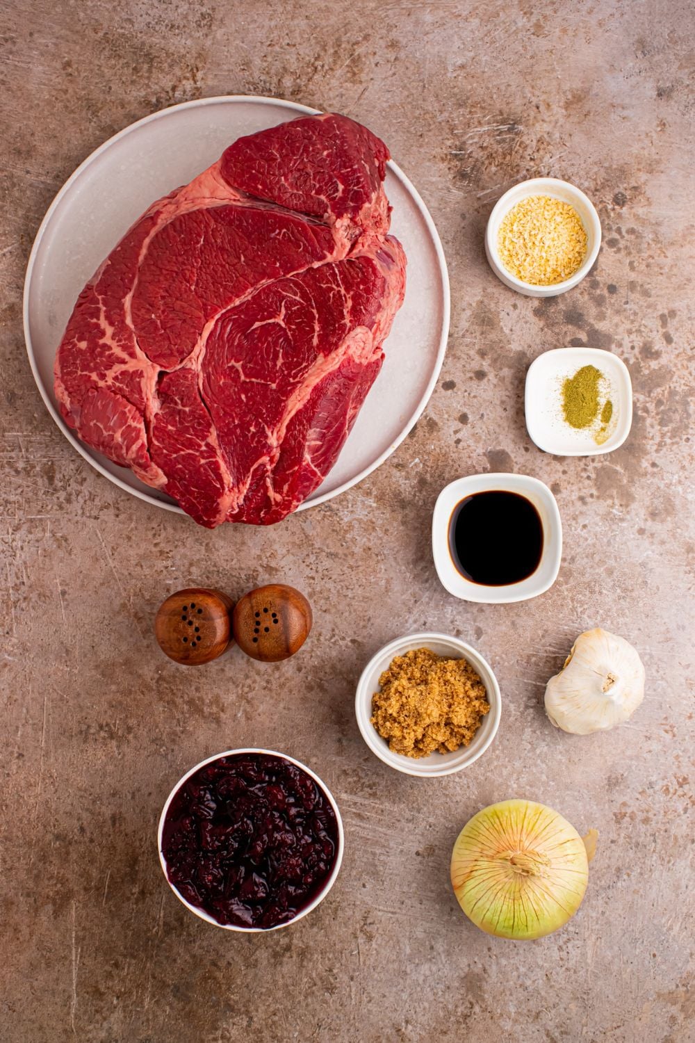 ingredients for Cranberry Pot Roast on table in single serve containers