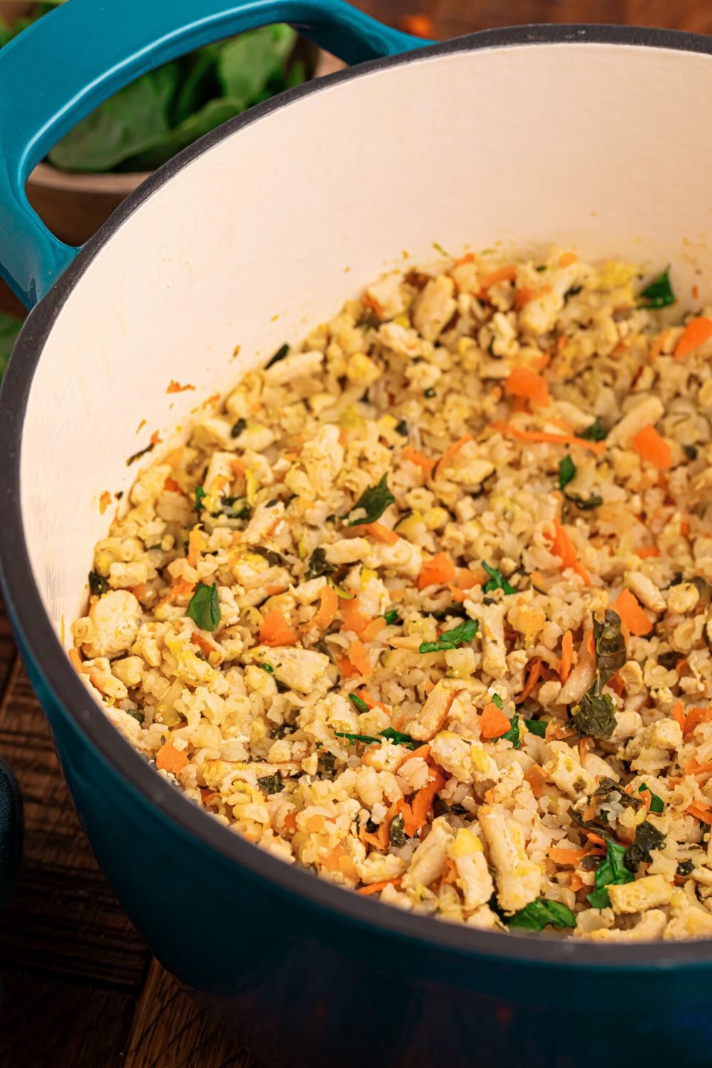 a blue stockpot on table with Homemade Turkey and Rice Dog Food with Veggies inside pot 