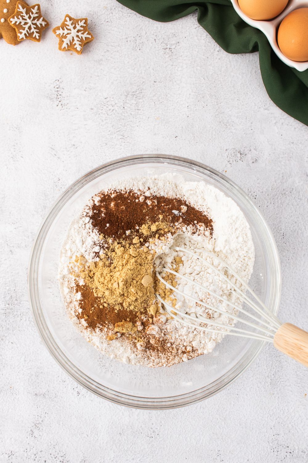 dry ingredients in a bowl for making Gingerbread Cake with Cream Cheese Frosting