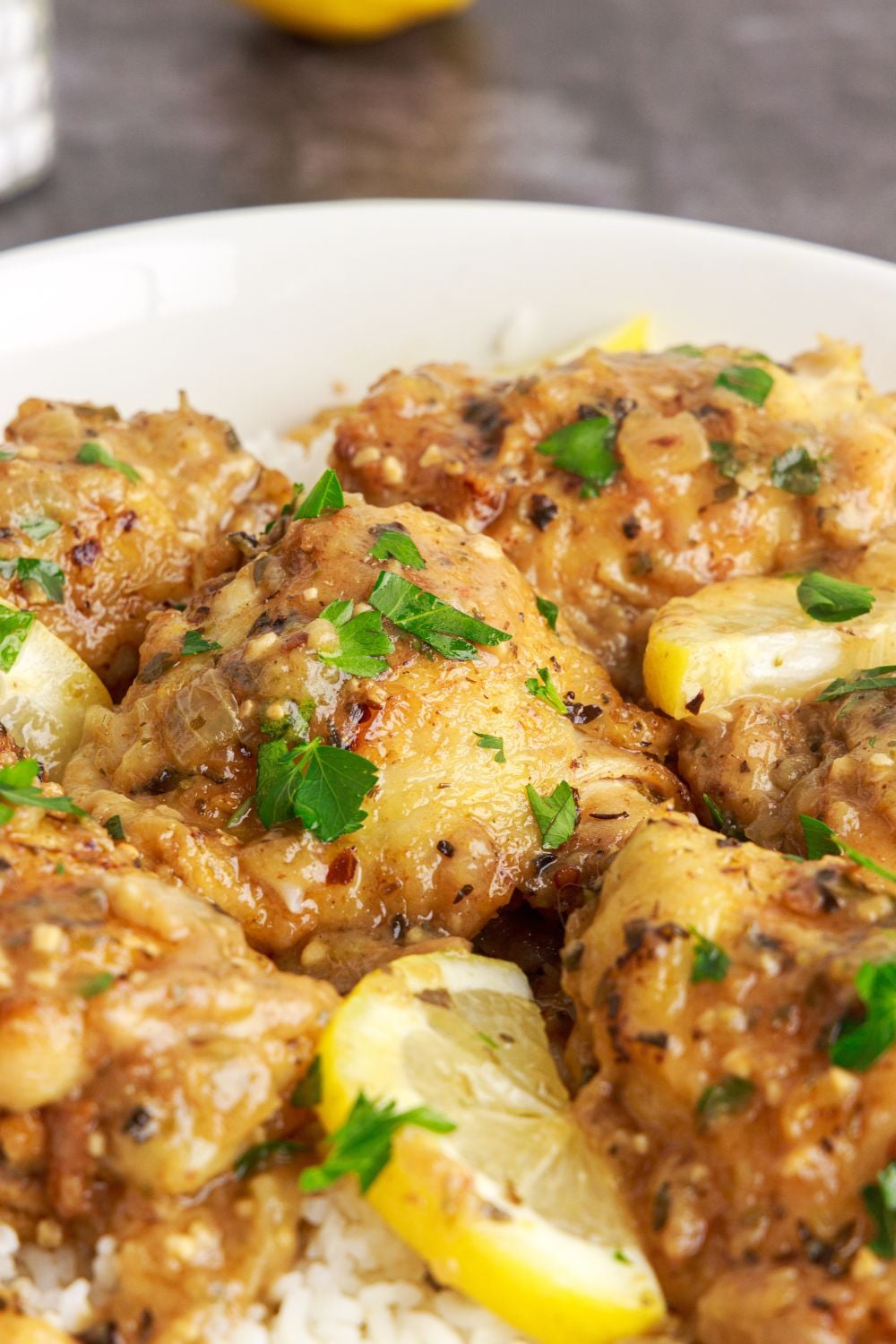 Instant Pot Lemon Butter Chicken in a platter sitting on table