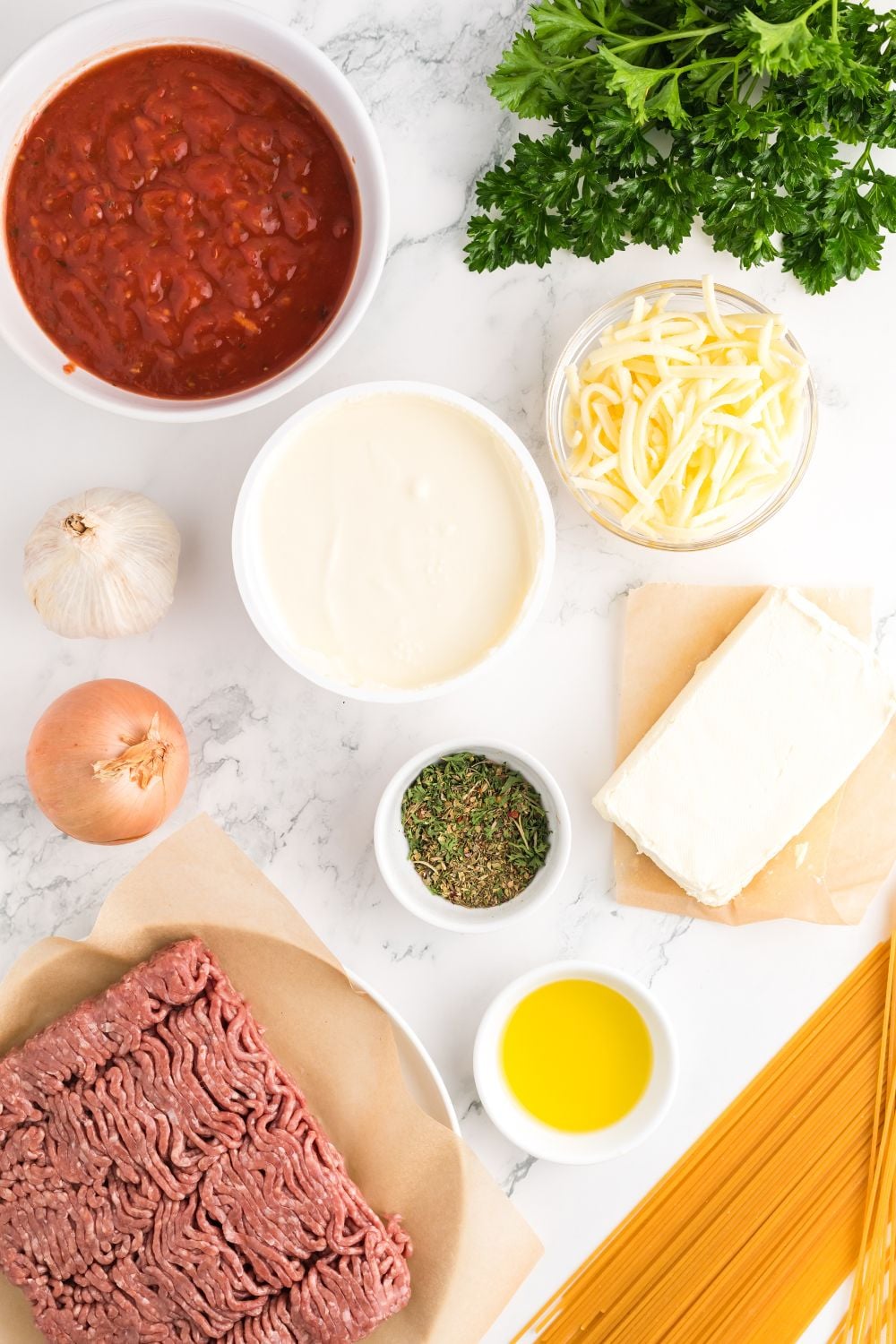 ingredients for Million Dollar Spaghetti Casserole on table