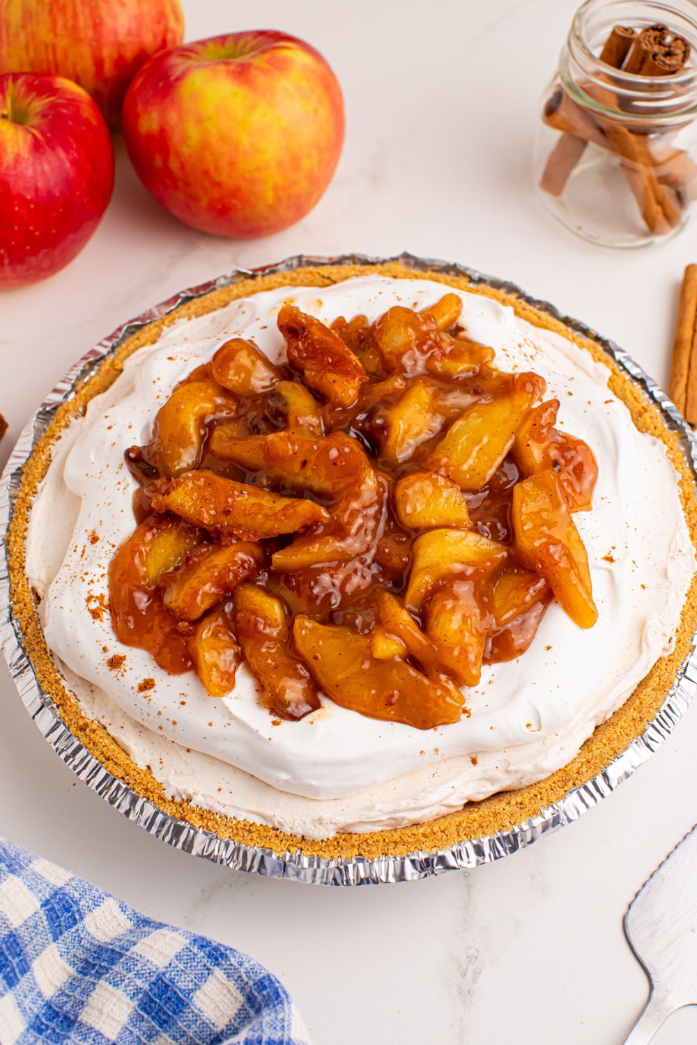 overhead shot of the No Bake Apple Cheesecake pie on a table
