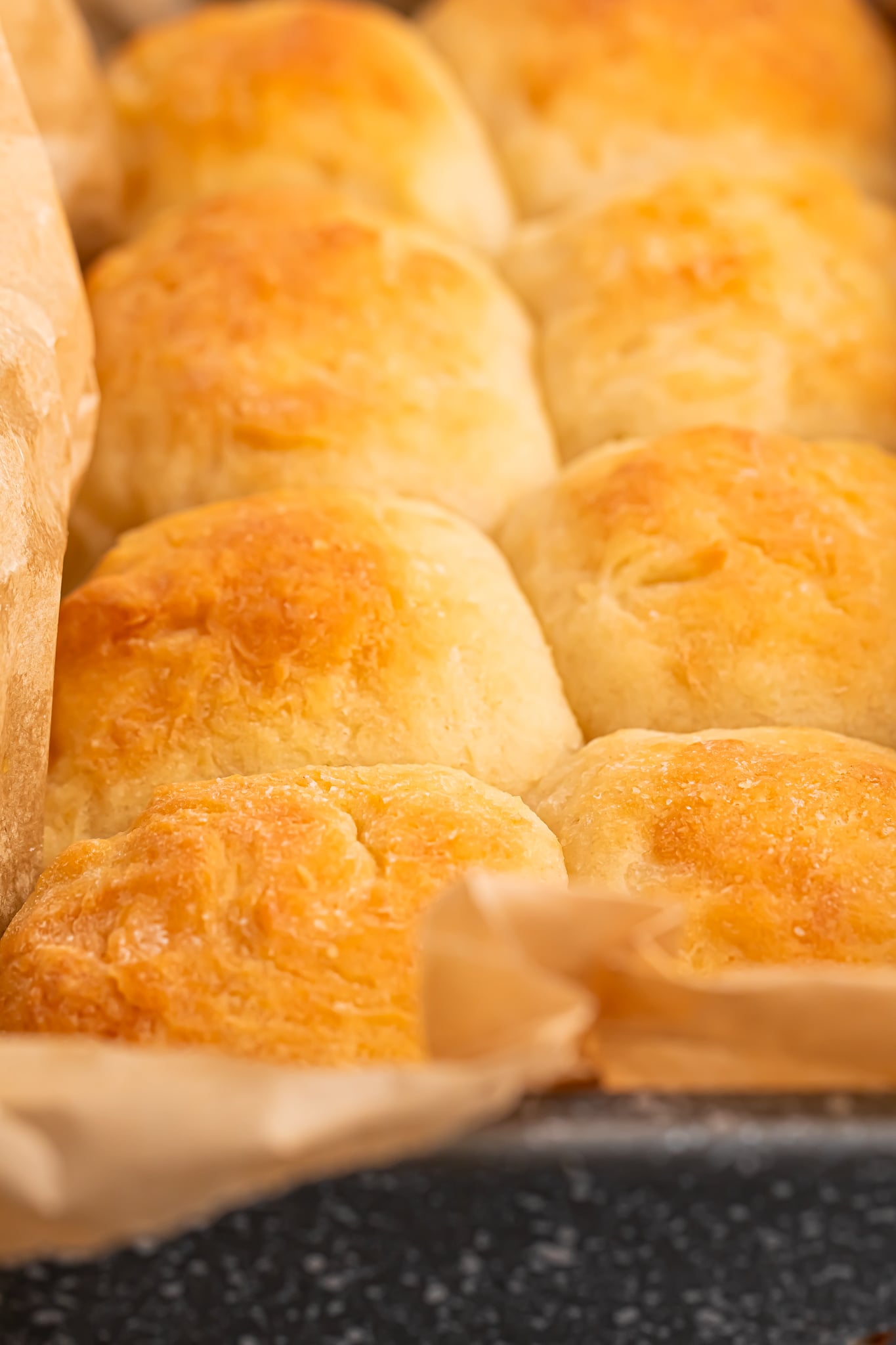 2 ingredient dinner rolls in pan with parchment paper sitting on table up close