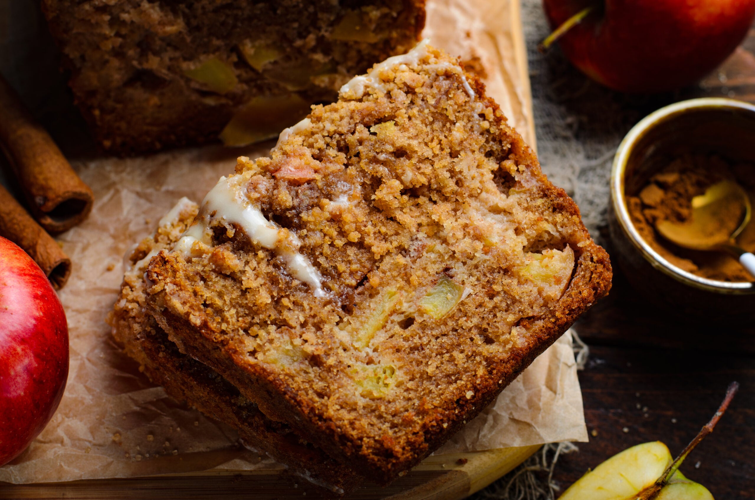 close up view of a slice of the Apple Cinnamon Loaf Cake showing the moist inside
