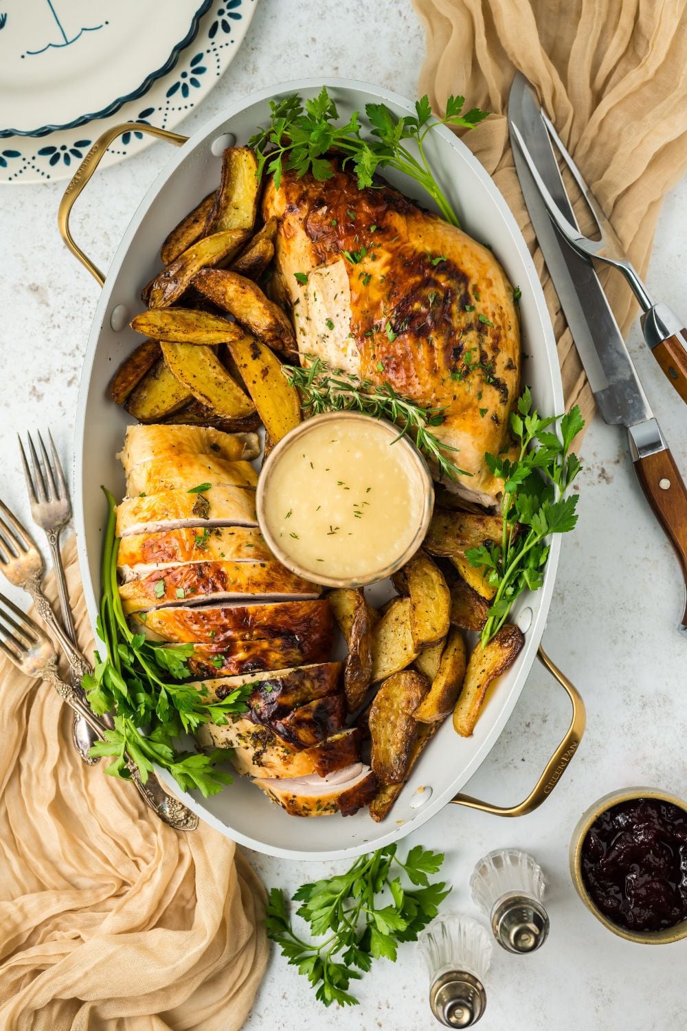 boneless turkey bread roasted and sliced up and placed on a platter