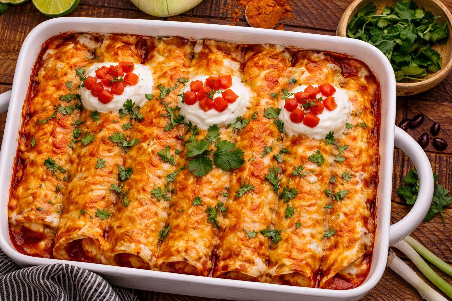 Steak Enchiladas in a white baking dish topped with sour cream and diced tomatoes