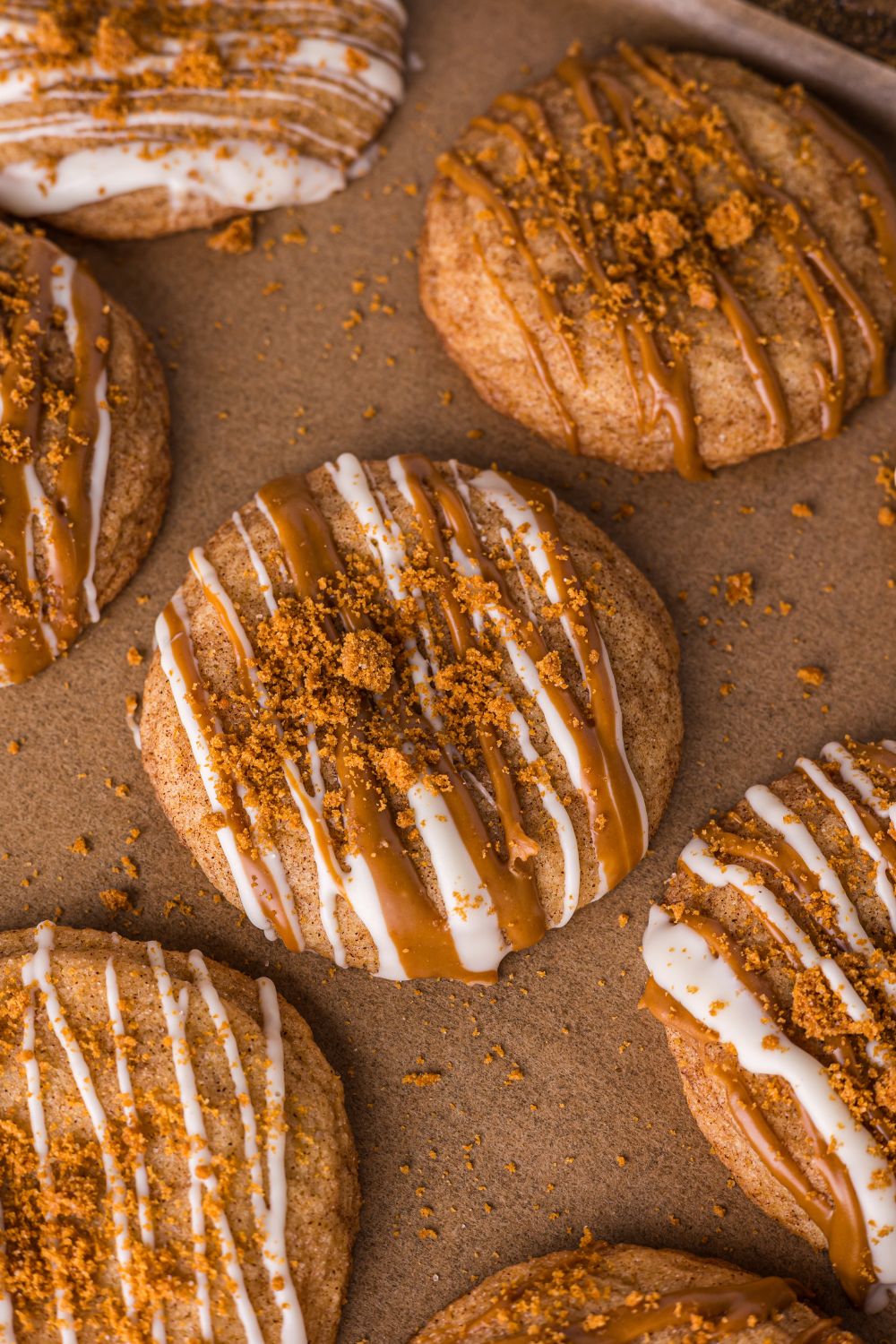 close up of Biscoff Snickerdoodle Cookies on a baking sheet