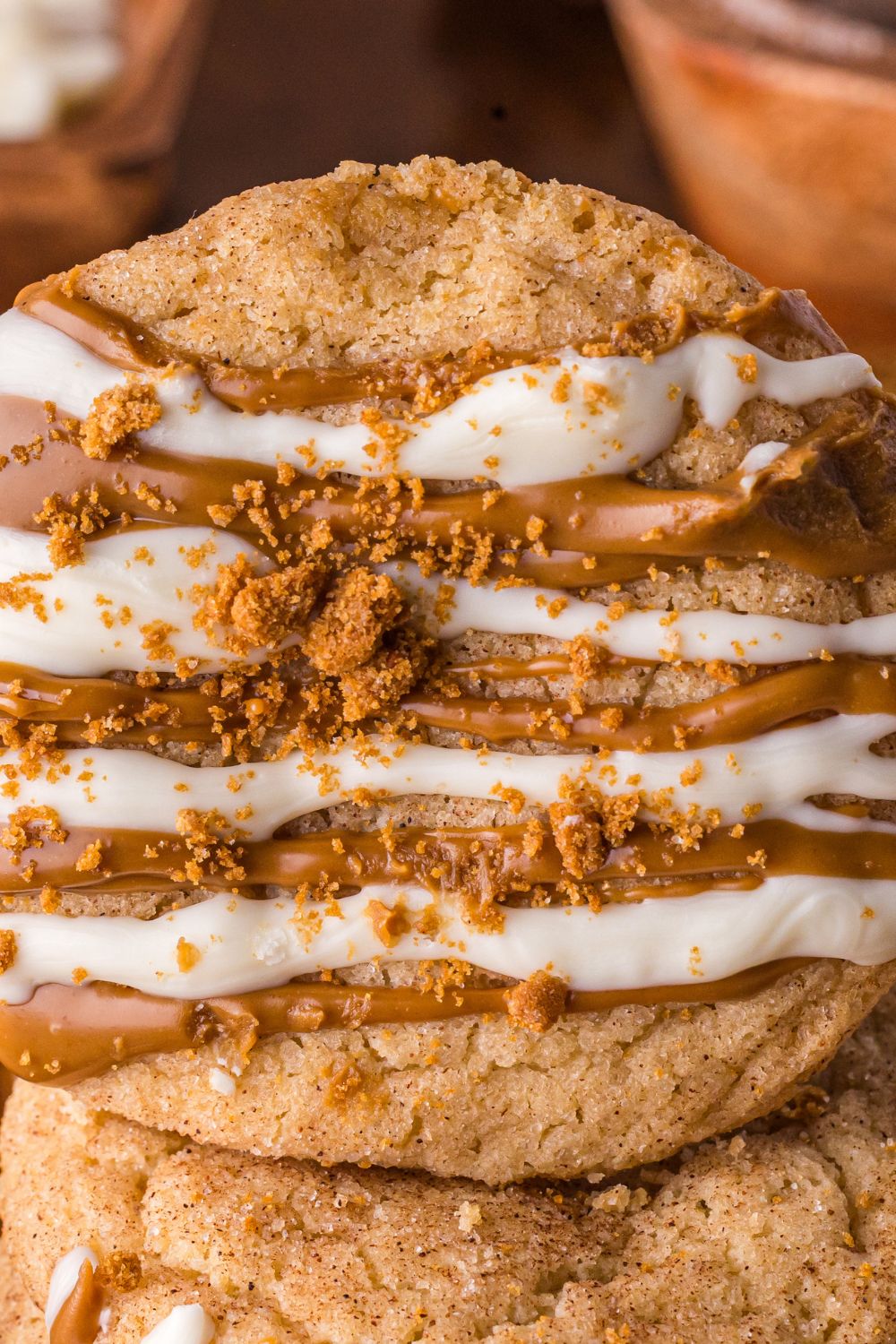 close up of Biscoff Snickerdoodle Cookies on wooden table