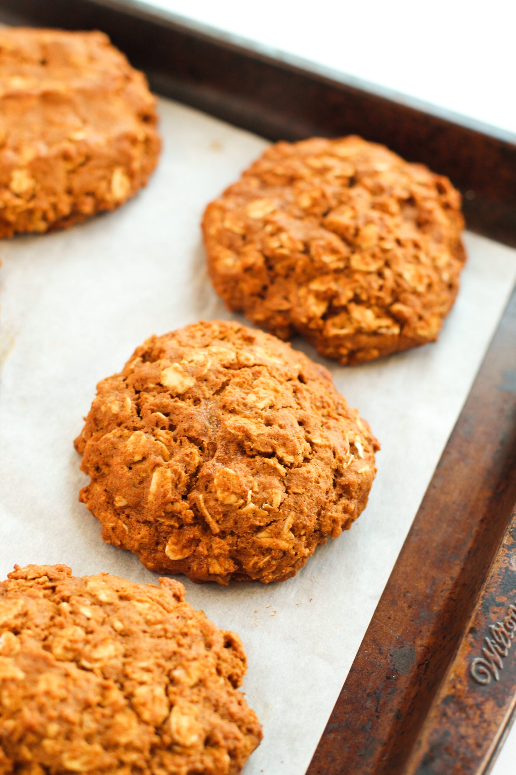 Iced Gingerbread Oatmeal Cookies on a cookie sheet baked but un frosted