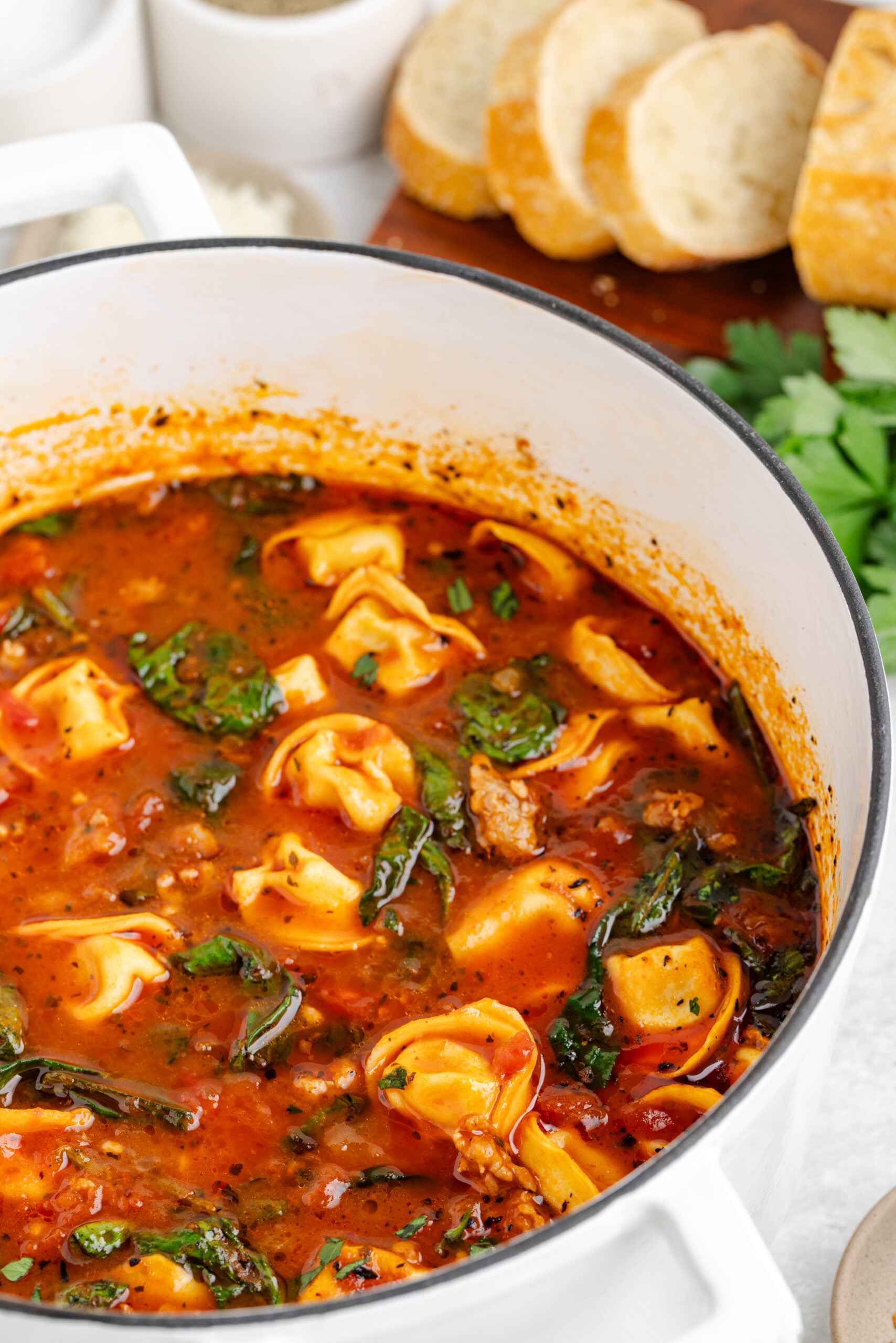 large serving pot filled with Sausage Tortellini Soup