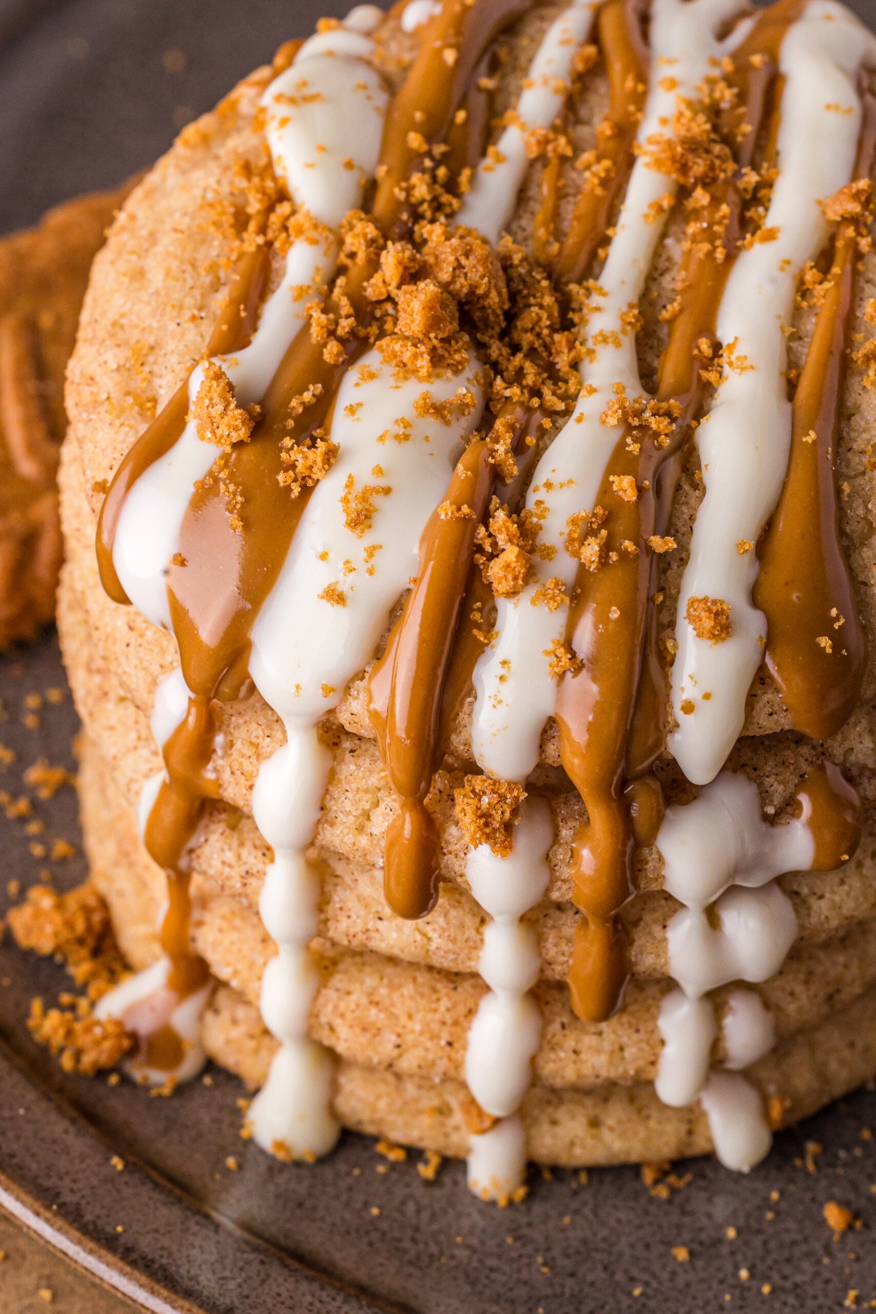Biscoff Snickerdoodle Cookies stacked on top of eachother