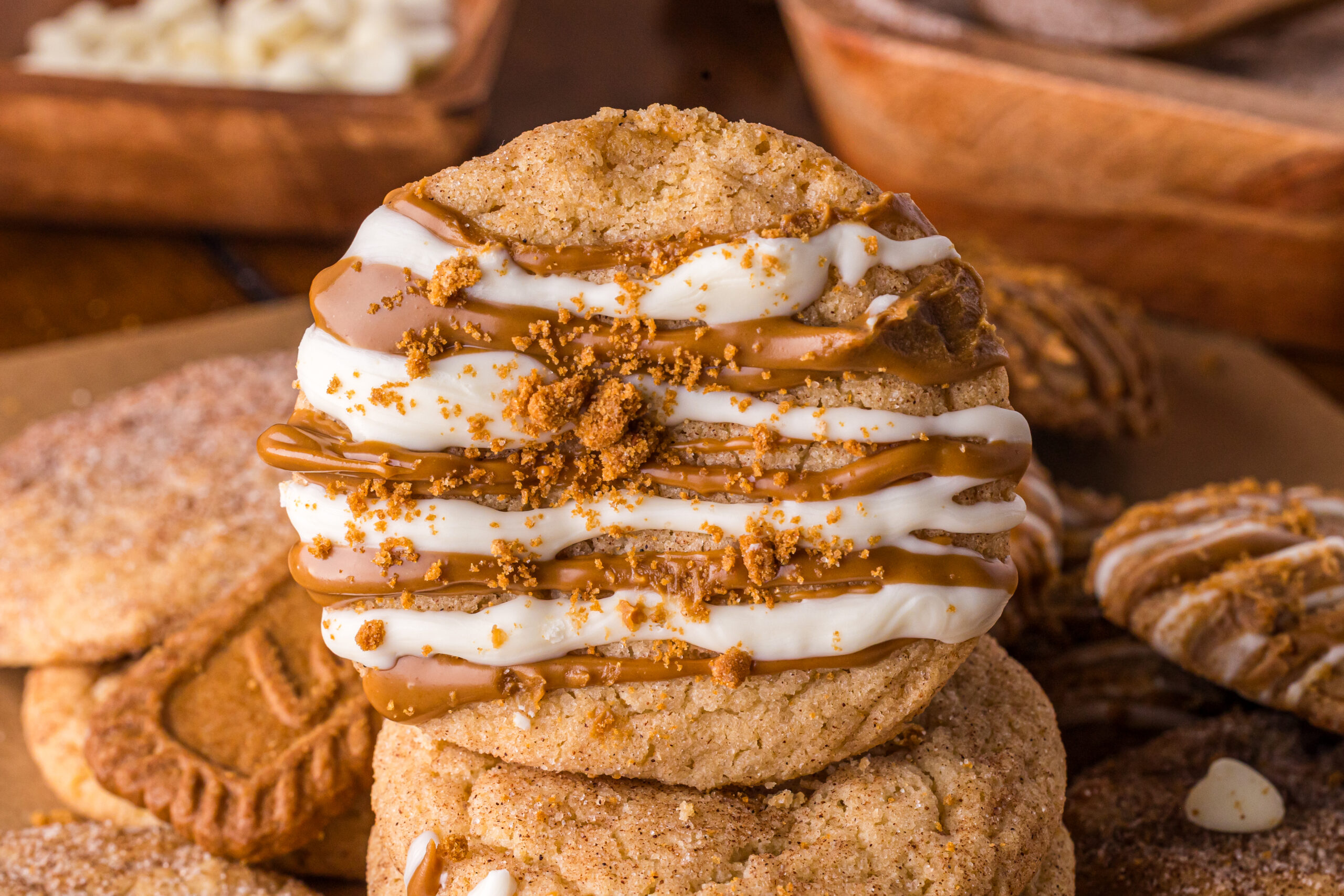close up of Biscoff Snickerdoodle Cookies stacked