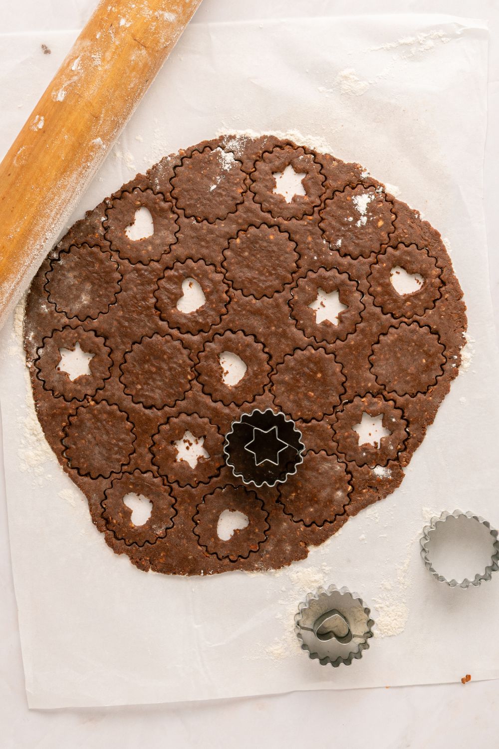 rolled cookie dough with Chocolate Linzer Cookies