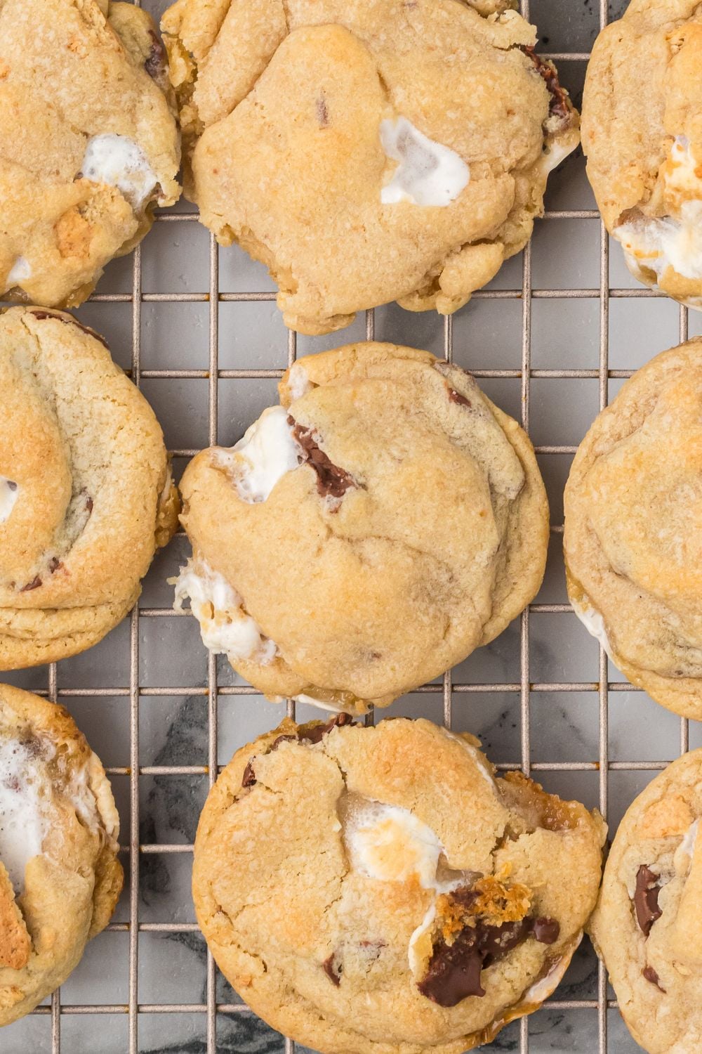 cooling rack with S'mores Cookies spread out on table