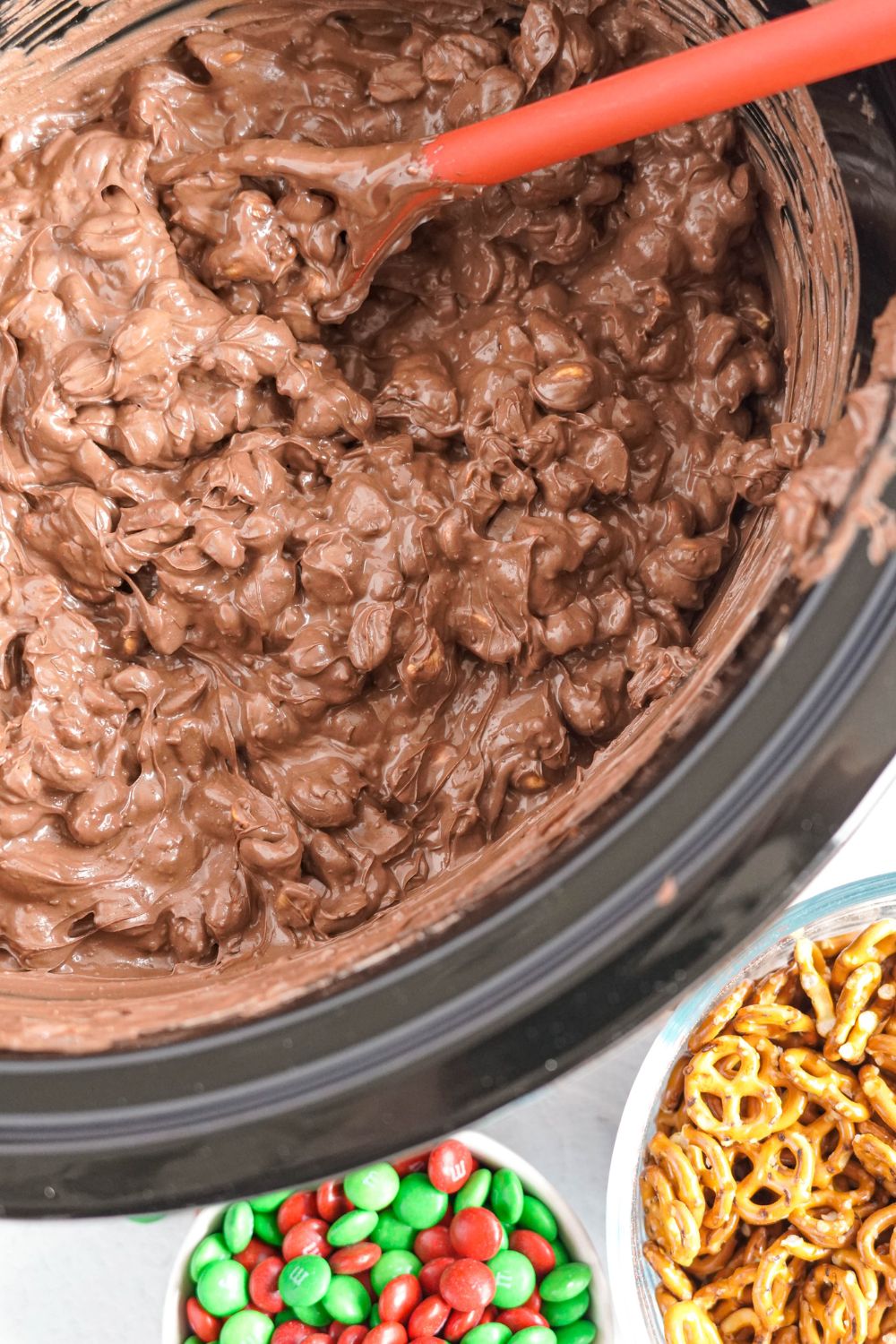 mixture of chocolate and nuts and pretzels