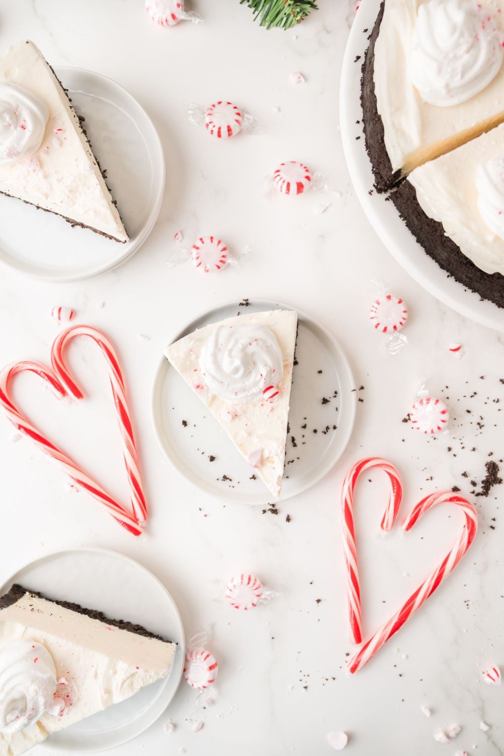 No Bake Peppermint Cheesecake sliced and placed around the table with more candy canes around the table 
