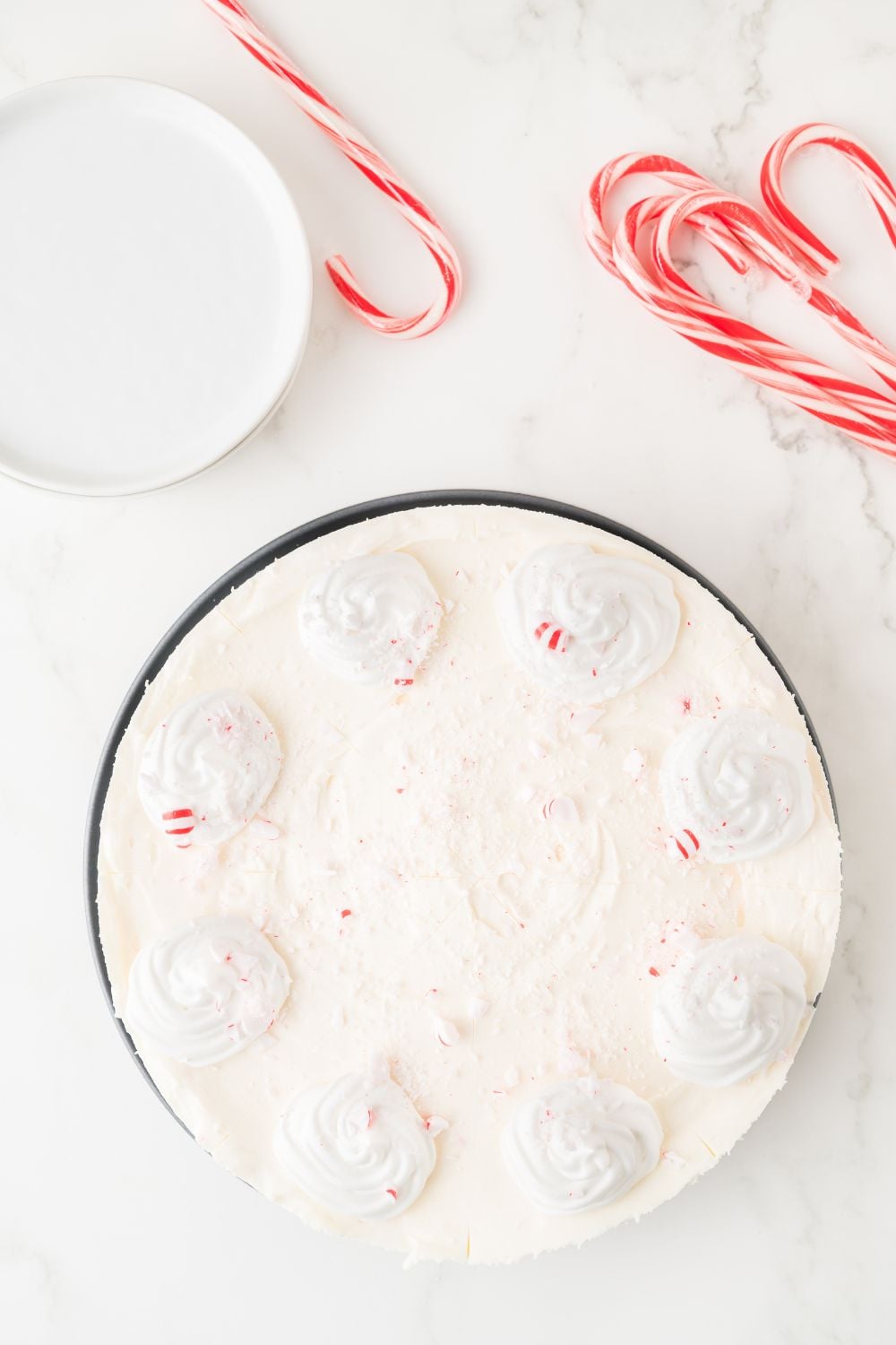 looking down at a No Bake Peppermint Cheesecake