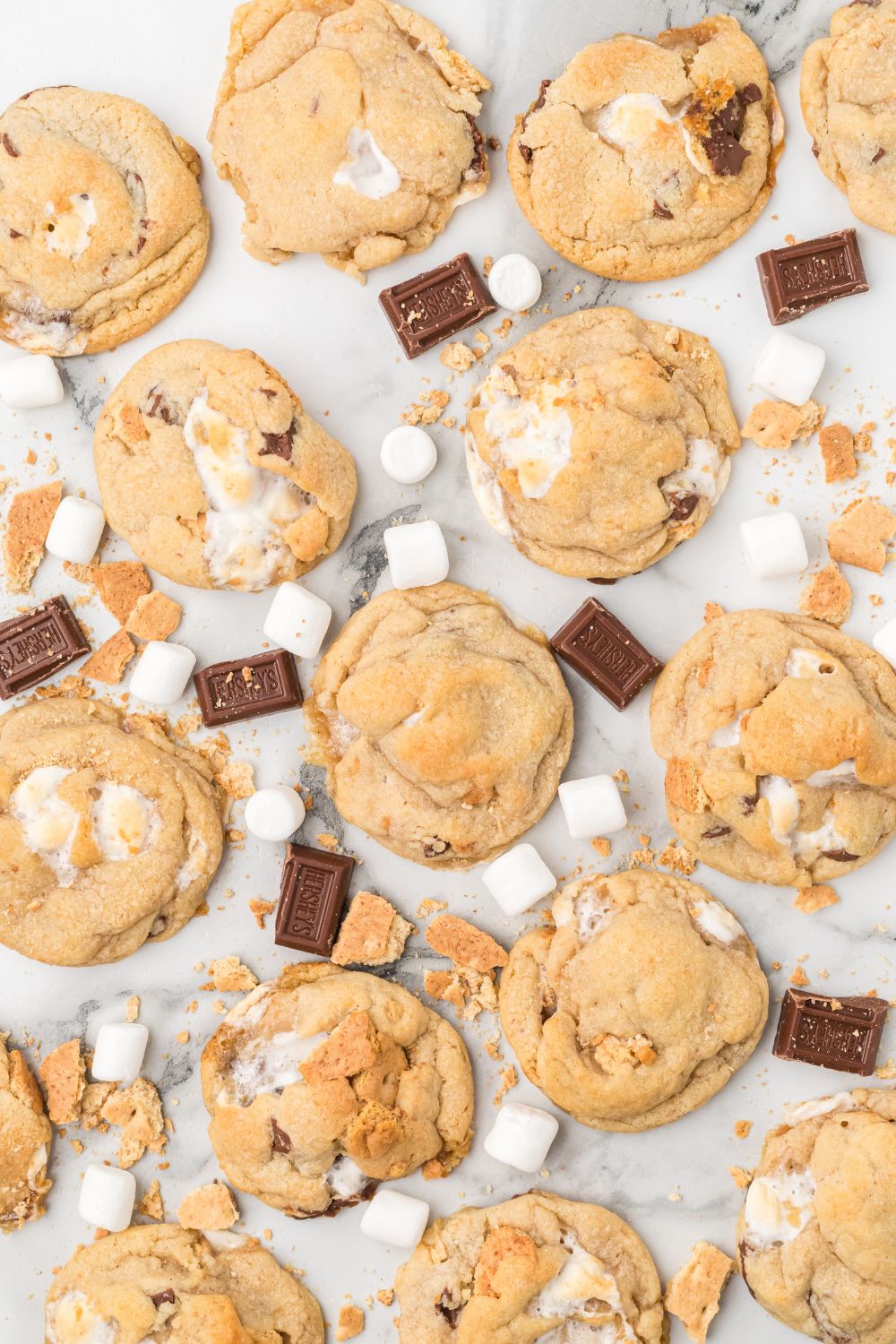 S'mores Cookies spread around table with the mix in ingredients all around the table